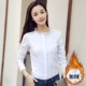 Áo sơ mi trắng dài tay phụ nữ tự tu xuân 2019 áo mới phụ nữ Han Fan cổ đứng bông đáy cộng áo nhung - Áo sơ mi