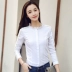 Áo sơ mi trắng dài tay phụ nữ tự tu xuân 2019 áo mới phụ nữ Han Fan cổ đứng bông đáy cộng áo nhung - Áo sơ mi Áo sơ mi