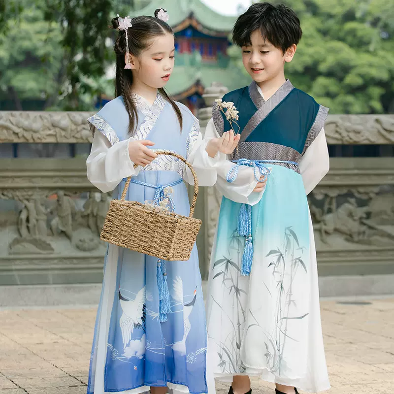 汉服男童春季新款唐装古风少爷服中国风儿童长衫春秋古装女童