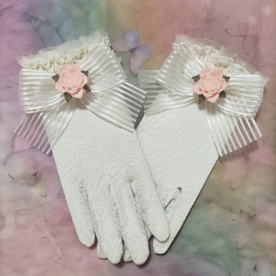 taobao agent White retro elegant gloves, accessory, Lolita style, floral print, flowered