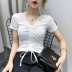 Mùa hè năm 2021 áo thun ngắn tay cổ chữ V mới của phụ nữ trong triều dây rút cotton tinh khiết crop top nửa tay áo sơ mi kiểu nước ngoài - Áo phông