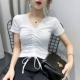 Mùa hè năm 2021 áo thun ngắn tay cổ chữ V mới của phụ nữ trong triều dây rút cotton tinh khiết crop top nửa tay áo sơ mi kiểu nước ngoài - Áo phông