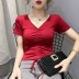 Mùa hè năm 2021 áo thun ngắn tay cổ chữ V mới của phụ nữ trong triều dây rút cotton tinh khiết crop top nửa tay áo sơ mi kiểu nước ngoài - Áo phông Áo phông