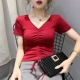 Mùa hè năm 2021 áo thun ngắn tay cổ chữ V mới của phụ nữ trong triều dây rút cotton tinh khiết crop top nửa tay áo sơ mi kiểu nước ngoài - Áo phông