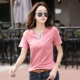 Áo thun nửa tay của phụ nữ mùa hè 2021 mặt hàng mới của phụ nữ màu hồng cổ v áo sơ mi ngắn tay của phụ nữ mùa hè áo thun của phụ nữ cotton tinh khiết - Áo phông