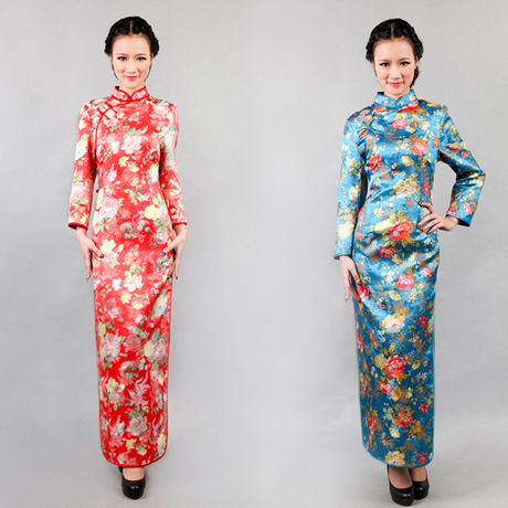 2016新款秋季复古时尚烫金锦缎长袖长旗袍三色日常高贵滚边系扣