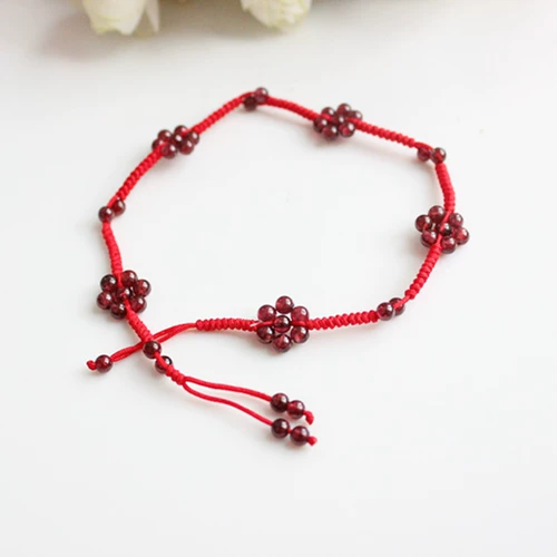 Оберег на день рождения, браслет на ногу ручной работы, плетеная натуральная модная цепочка из граната, в цветочек, подарок на день рождения