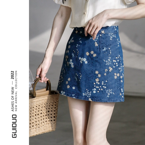 Летняя сексуальная приталенная джинсовая юбка, цветочный принт, А-силуэт