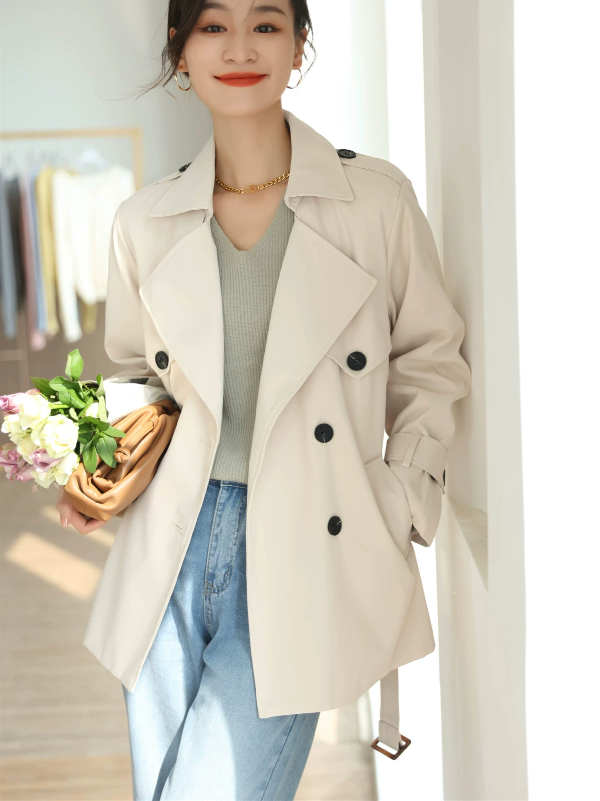 Осенняя куртка, ремень короткий, тюльпан-плащ, стиль Chanel, свободный крой, высококачественный стиль, для подростков