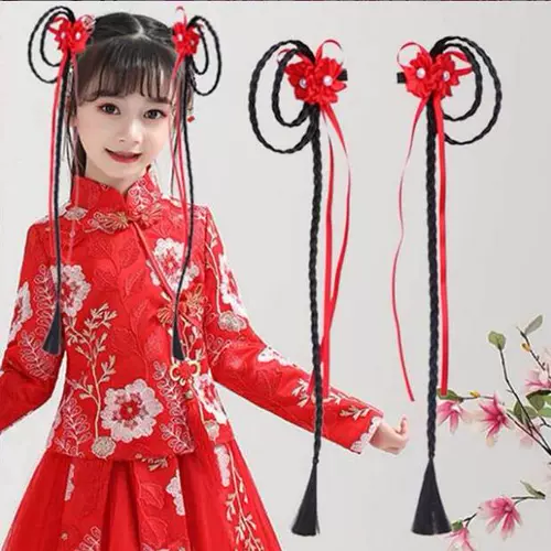 Детская ткань с кисточками, парик с косичкой, заколка для волос, аксессуар для волос, в цветочек