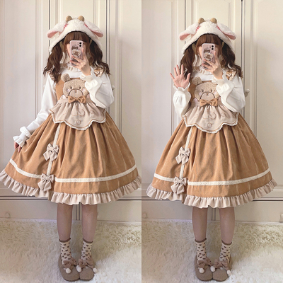 taobao agent Genuine demi-season cute corduroy dress, with little bears, lifting effect, Lolita style