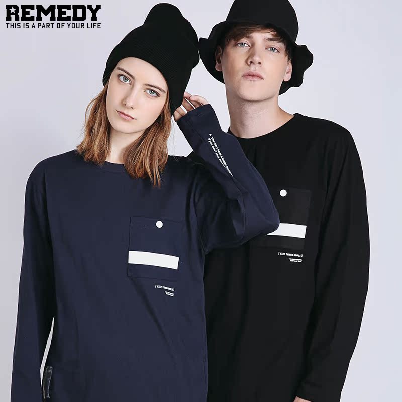 remedy潮牌2016秋冬简约新款 假两件纯棉字母印花圆领长袖t恤男潮