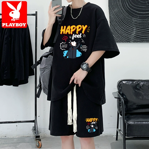 Playboy, летний комплект, футболка с коротким рукавом, шорты, подходит для подростков, короткий рукав