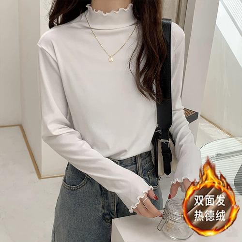 Осенний приятный телу бархатный утепленный лонгслив, высокий воротник, облегающий крой