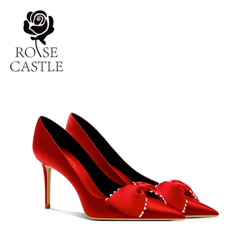 Красные высокие свадебные туфли для невесты с бантиком