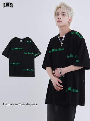 taobao agent InSSTUDIOS velvet barrage short -sleeved self -made national tide couple irregular logo cotton cotton base T -shirt men and women