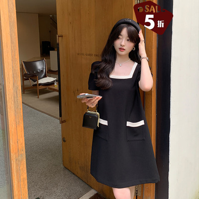 taobao agent [50 % off clearing position] Xia Shiwen Garberry stitching the contrasting color middle long skirt woman collar bubble sleeve dress