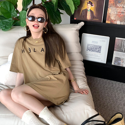 taobao agent Long jacket, cotton summer T-shirt dress, mid-length, with short sleeve