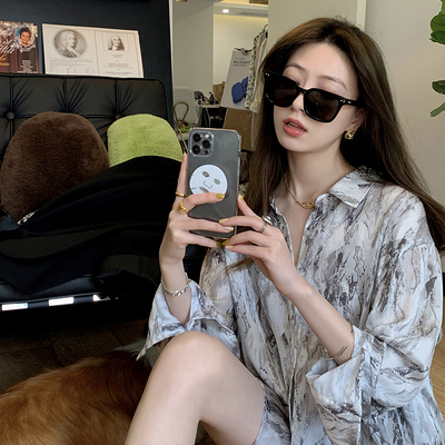 taobao agent Xia Shiwen ink series imitation acetic acid casual loose printed long -sleeved shirt female 2022 summer top thin