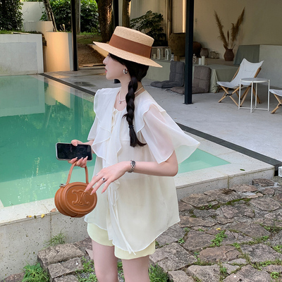 taobao agent Xia Shiwen Breeze Thousand -layer French Loch Leaf Circle Chiffon Short -sleeved Shirt Female Special Special Special Summer Summer