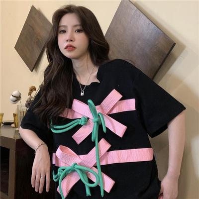 taobao agent Extra large summer short sleeve T-shirt with bow, top, plus size, oversize, loose fit