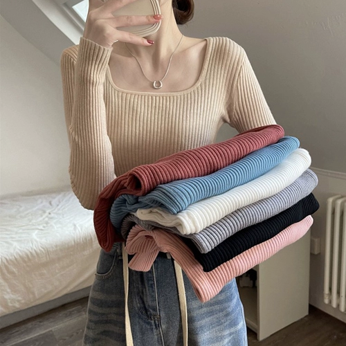 Трикотажный дизайнерский свитер, французский стиль, квадратный вырез, изысканный стиль, в обтяжку, по фигуре, тренд сезона