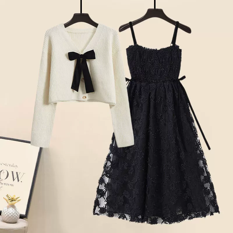Комплект, вязаный кардиган с бантом, платье, для подростков, стиль Chanel
