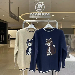 Корейский модный бренд MARKM с восклицательным знаком, котом, мультяшным вязаным свитером, круглым вырезом и длинными рукавами