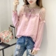 Áo thun ren của phụ nữ dài tay mùa xuân Hàn Quốc vải lanh hàng đầu của phụ nữ kích thước lớn rộng rãi ngắn áo sơ mi ngắn bông và áo sơ mi dưới cùng vải lanh - Áo phông