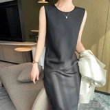 Летнее шелковистое цветное платье с рукавами без рукавов, длинная юбка, майка, круглый воротник