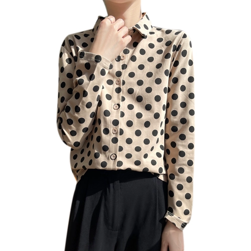 2024 весна и лето, новая хлопковая дышащая рубашка в горошек на пуговицах с лацканами, женская универсальная модная рубашка для поездок на работу, уменьшающая возраст, маленькая рубашка