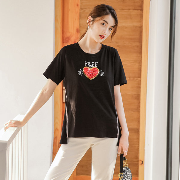 Летняя одежда, черная футболка для отдыха, в корейском стиле, с вышивкой, оверсайз, подходит для полных девушек, короткий рукав