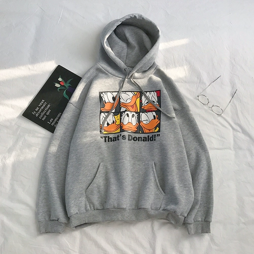 Свитшот с капюшоном, трендовые джинсы с начесом для отдыха, мультяшная утепленная куртка для школьников, в корейском стиле, оверсайз