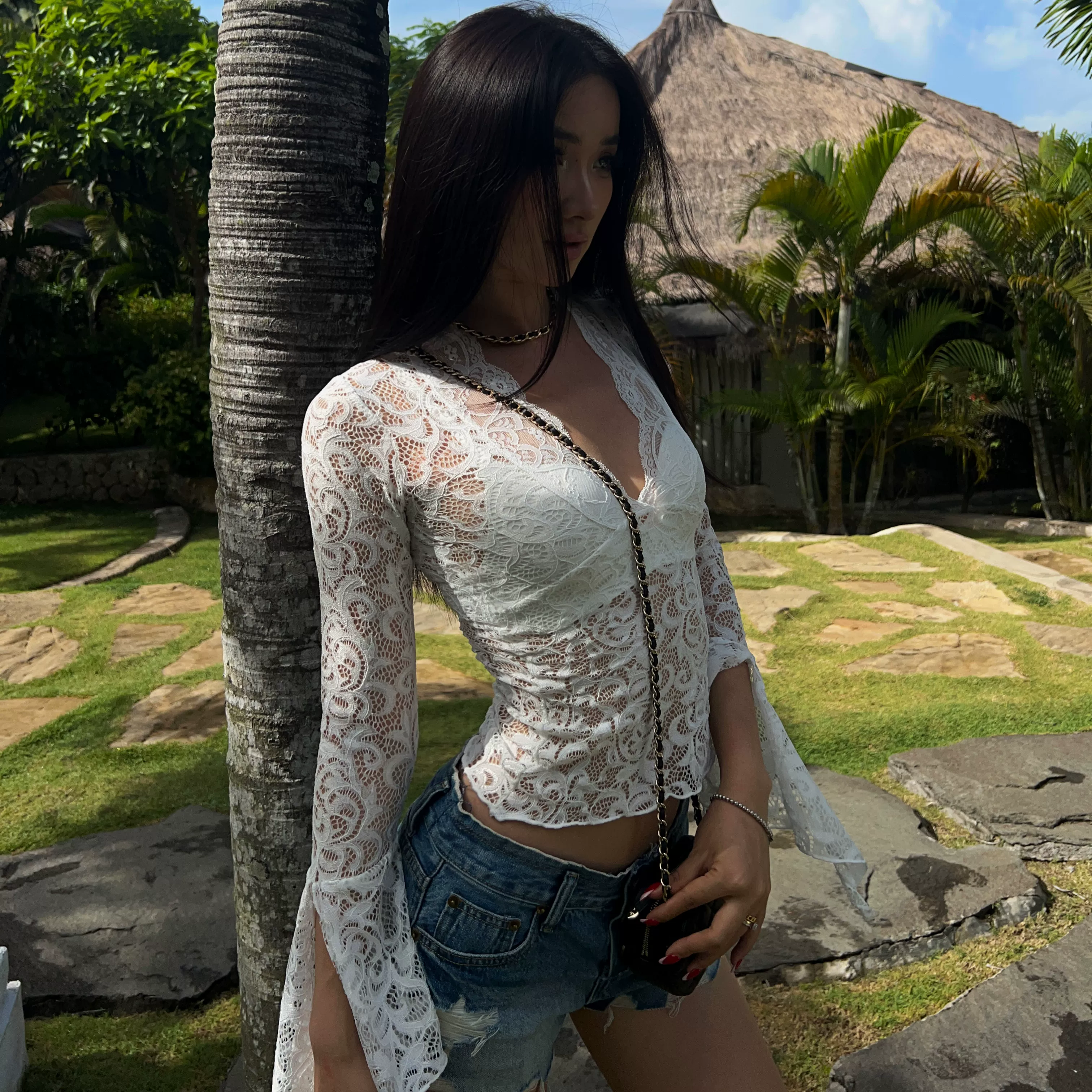 KKSHOP lace see-through hollow pure lust style slim fit sexy deep V trumpet sleeve short design top