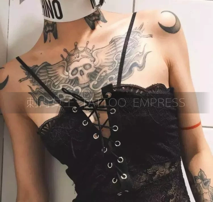 [刺青女王TATTOO EMPRESS D110 女本三千胸前骷髅月牙钥匙纹身贴纹]