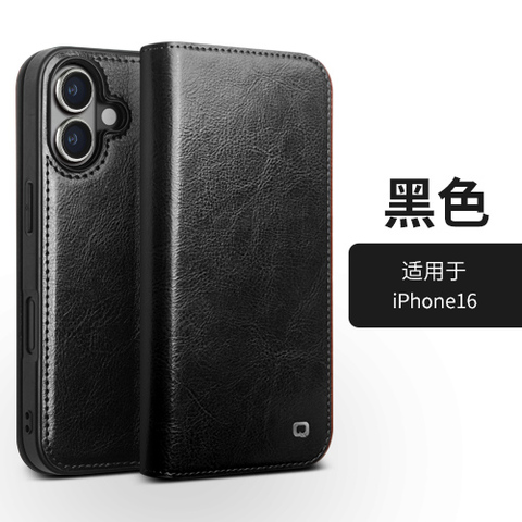 Black — Qialino Wallets Folio Flip Business Leather Folding Stand Card Holder 16, 16 Plus, 16 Pro, 16 Pro Max iPhone Case