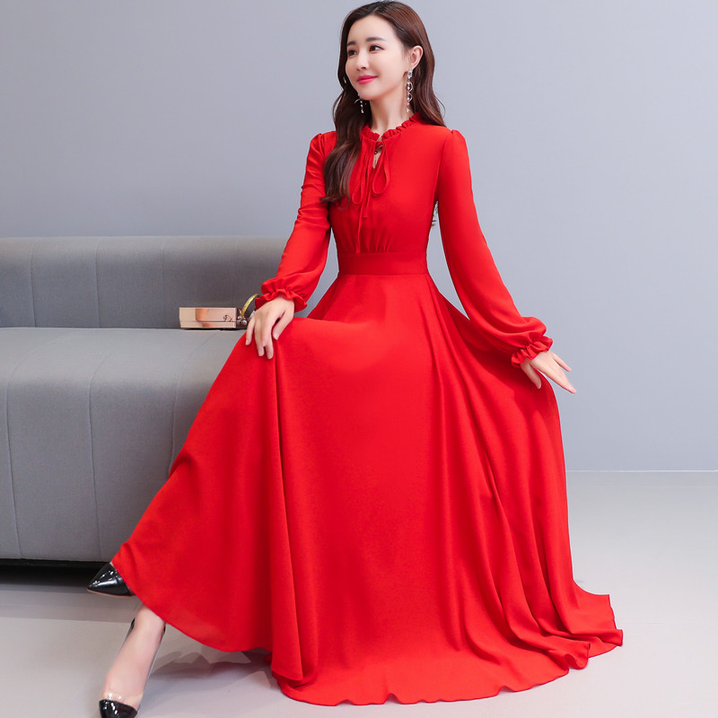 High-end celebrity temperament dress goddess Fan Qiu dress 2020 new fat mm waist red chiffon big swing skirt