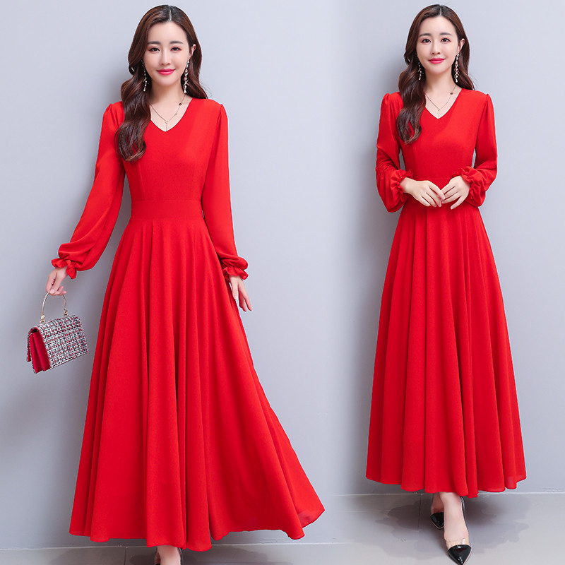 High-end celebrity temperament dress goddess Fan Qiu dress 2020 new fat mm waist red chiffon big swing skirt