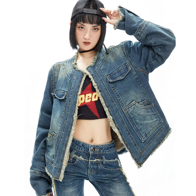 taobao agent Winter retro small design denim warm jeans, jacket, 2022, American style, trend of season