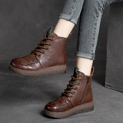 Martens, демисезонные этнические кожаные короткие сапоги на платформе с молнией, этнический стиль, из натуральной кожи