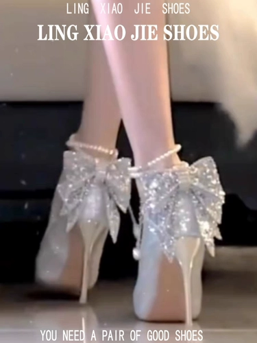 Обувь на высоком каблуке, серебряные блестки для ногтей с бантиком, кварц, свадебные туфли, 18 лет