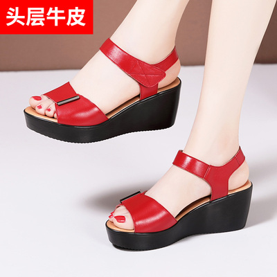 taobao agent Red leather sandals, footwear platform, soft sole, plus size, for middle age