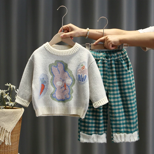 Свитер, термобелье, детский мультяшный пуховик, шерстяные штаны для отдыха, комплект, увеличенная толщина, свободный прямой крой