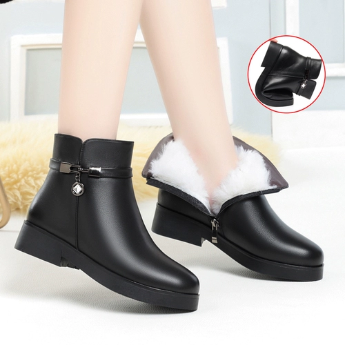 Кожаные короткие сапоги для матери, зимние флисовые ботинки, обувь для кожаной обуви, из натуральной кожи, мягкая подошва