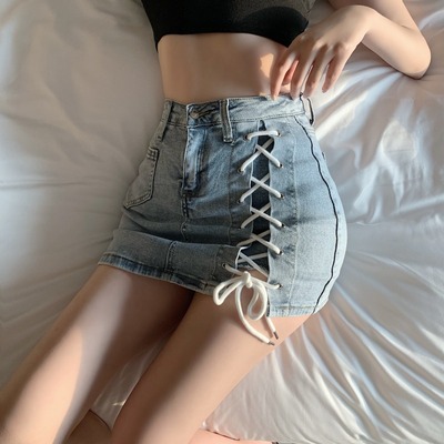 taobao agent Belt, retro jeans, mini-skirt, 2021 collection, high waist, A-line