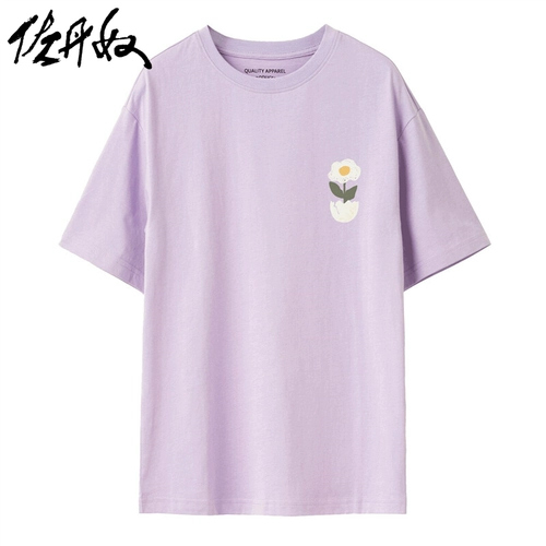 Женская хлопковая футболка Giordano с принтом и круглым вырезом, короткими рукавами 69392074