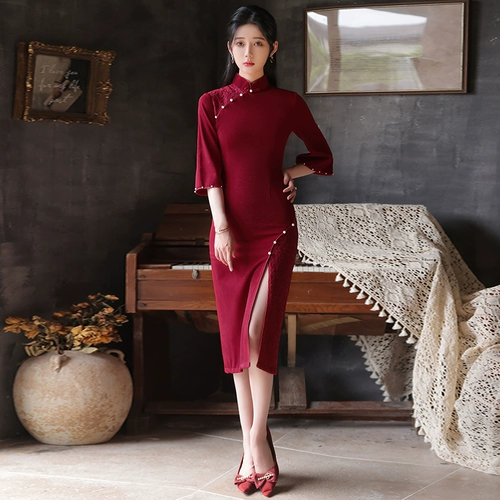 Бархатное вечернее платье, ципао, осенний легкий лонгслив, красное свадебное платье, коллекция 2023, осеннее