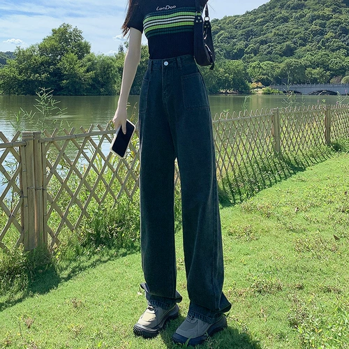 Черные осенние прямые свободные джинсы, темные ретро штаны, оверсайз