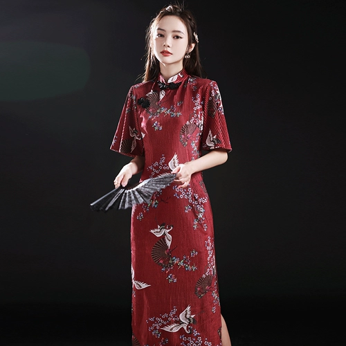Красное осеннее длинное ципао, ретро платье, 2021 года