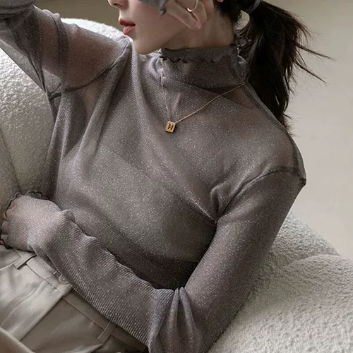 Приятный телу тонкий приталенный цветной кружевной шелковый лонгслив, высокий воротник